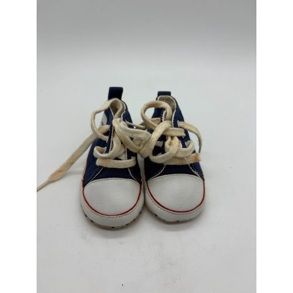 Vintage Infant 0-3 months High Top Booties Baby Navy Blue Canvas Crib Shoes
